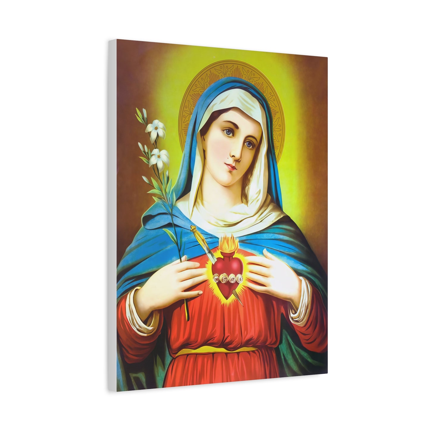 Ready To Hang - Mother Mary Immaculate Heart and Lilies Catholic Canvas Wall Art, Christian Decor