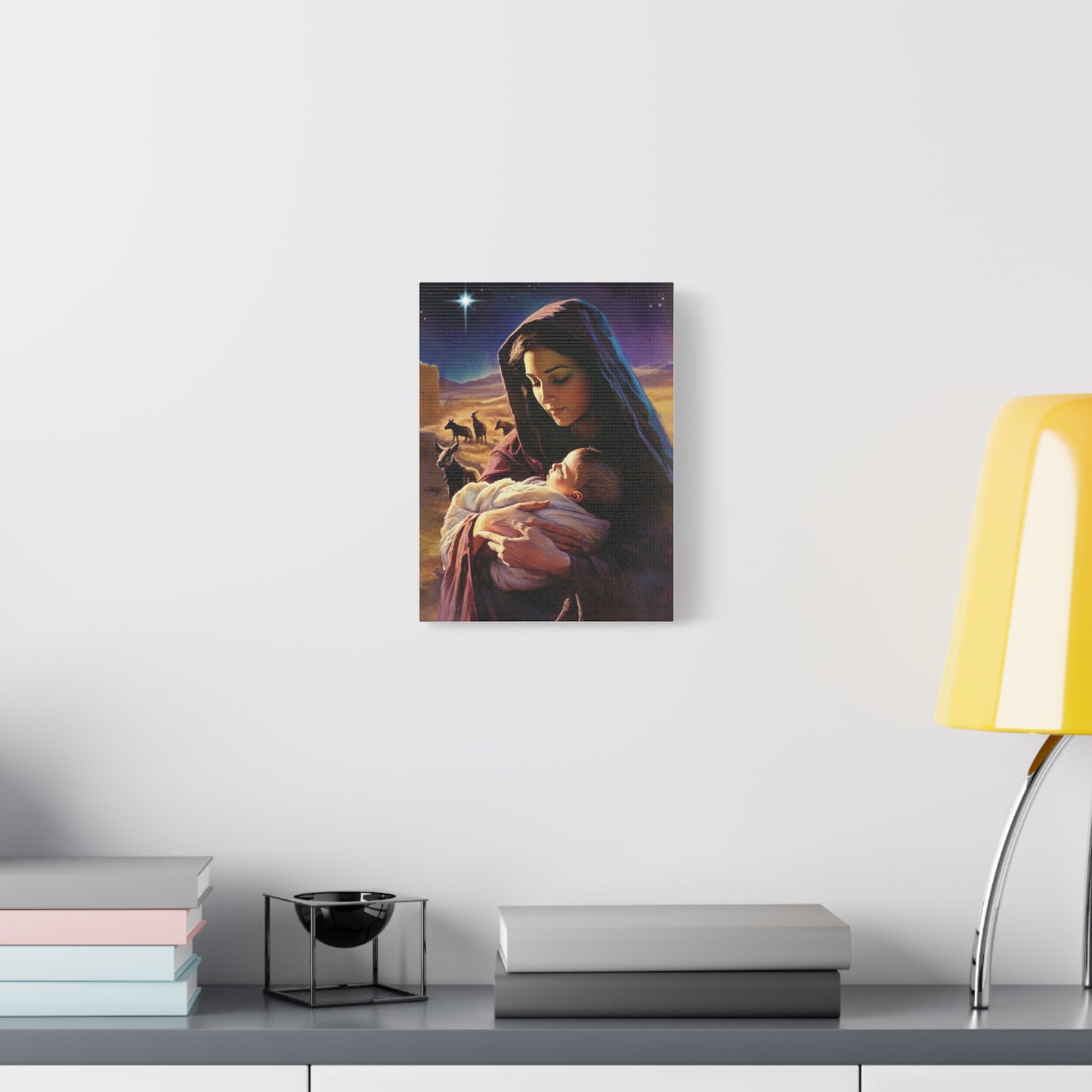 Mother Mary and Newborn Jesus Nativity Star Catholic Canvas Wall Art, Christian Decor