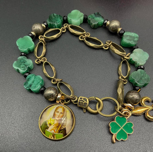St Dymphna Catholic Bracelet with Emerald Clover Beads Fleur-de-lis