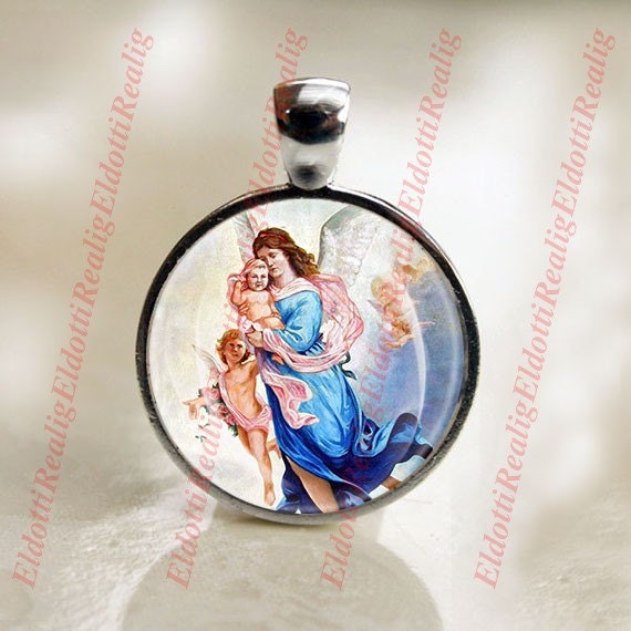 My Guardian Angel and Cherubs - Christian Catholic SIlvertone Medal Pendant Charm Cabochon Religious Jewelry