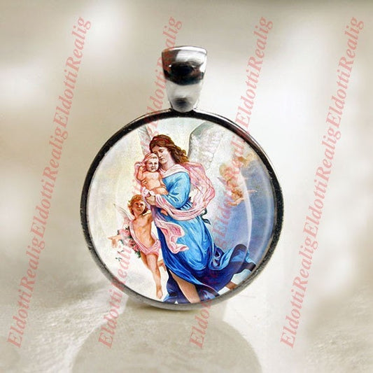 My Guardian Angel and Cherubs - Christian Catholic SIlvertone Medal Pendant Charm Cabochon Religious Jewelry