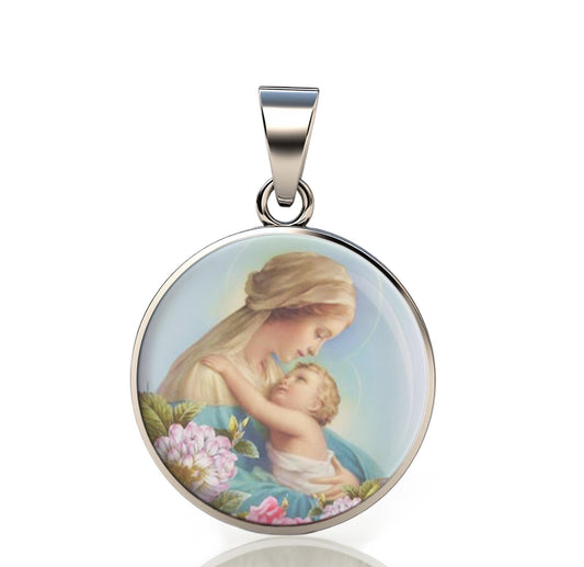 Our Lady Mary 925 Sterling Silver Round I Pendant Christian Religious Medal Small 20mm