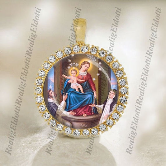 Our Lady of Pompeii - Catholic Gold Tone Medal Pendant Cabochon Religious Jewelry