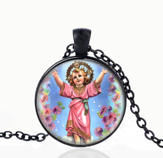 Divine Child Jesus Christ Necklace. JESUS Catholic Black Pendant Medal. Ball Chain Necklace