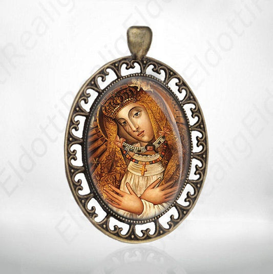 Icon Virgin Mary Orthodox Medal, Theotokos Gate of Dawn Religious the Blessed Womb Jewelry Pendant Retro Style
