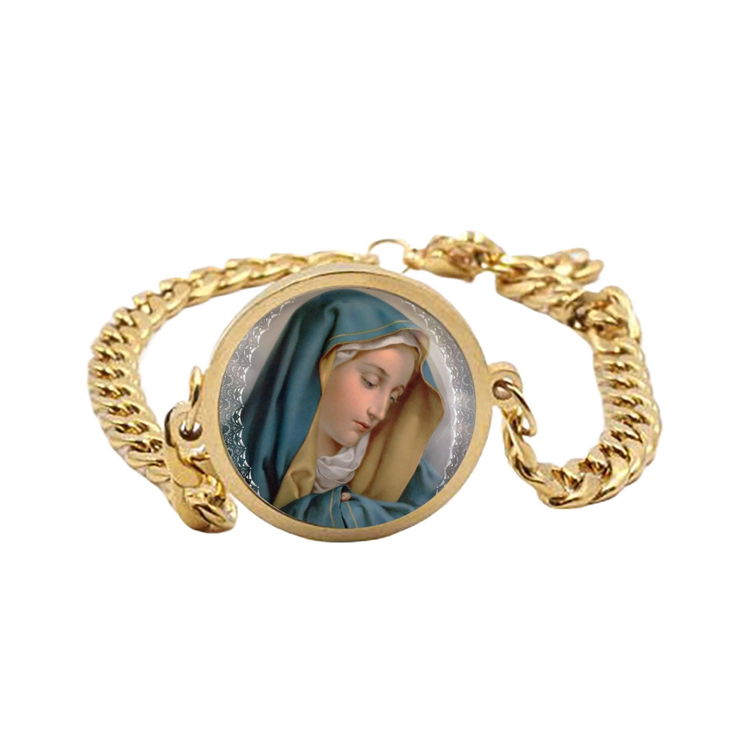 Our Lady Sorrows Curb Bracelet Gold or Silver tone Religious Jewelry Simple Chain