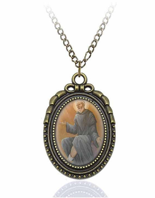 St Peregrine Laziosi Catholic Necklace Bronze Medal w Chain Oval Pendant Saint