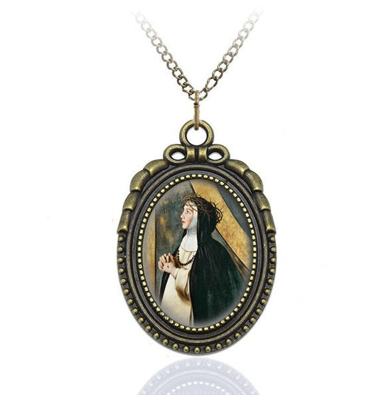 St. Catherine of Siena Catholic Necklace Pendant Jewelry Medal Oval Style Charm Bronze w Chain