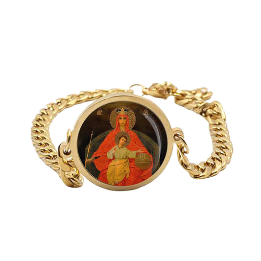 Our Lady Derzhavnaya Curb Bracelet Gold or Silver tone Religious Jewelry Simple Chain