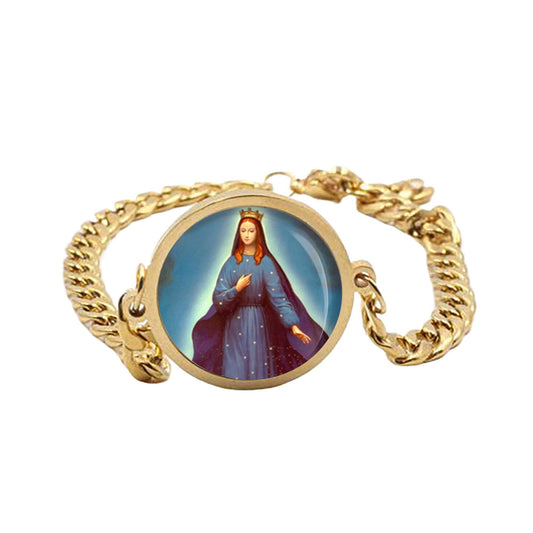 Our Lady Pontmain Curb Bracelet Gold or Silver tone Religious Jewelry Simple Chain