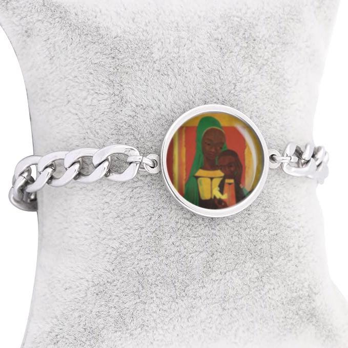 Our Lady African Madonna Mary Curb Bracelet Gold or Silver tone Religious Jewelry Simple Chain