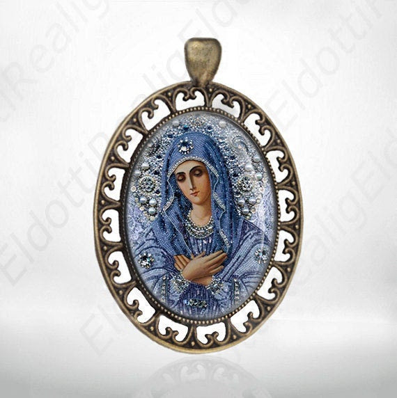 Holy Mother Virgin Mary in Blue Religious Catholic Medal Pendant Bronze Jewelry