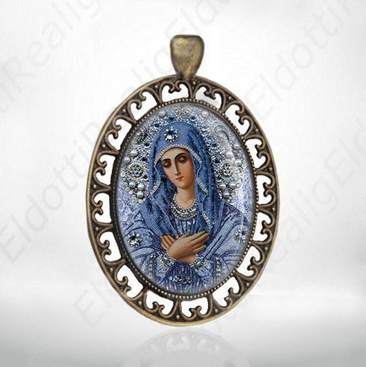 Holy Mother Virgin Mary in Blue Religious Catholic Medal Pendant Bronze Jewelry