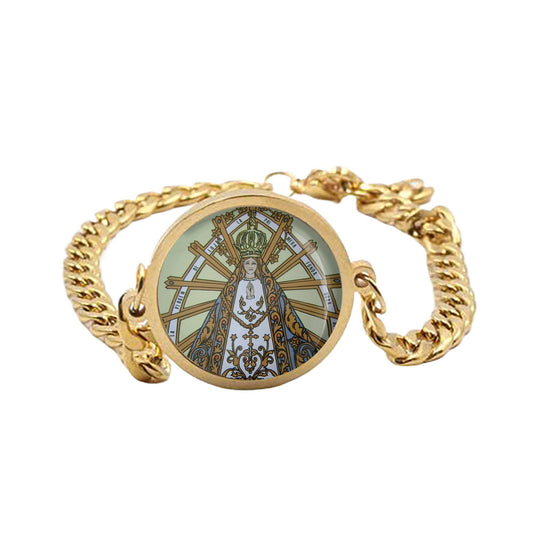 Our Lady Lujan Curb Bracelet Gold or Silver tone Religious Jewelry Simple Chain