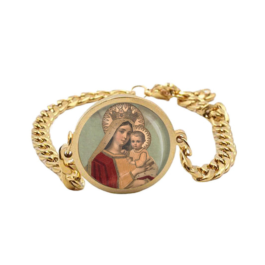 Our Lady Mary Madonna Curb Bracelet Gold or Silver tone Religious Jewelry Simple Chain