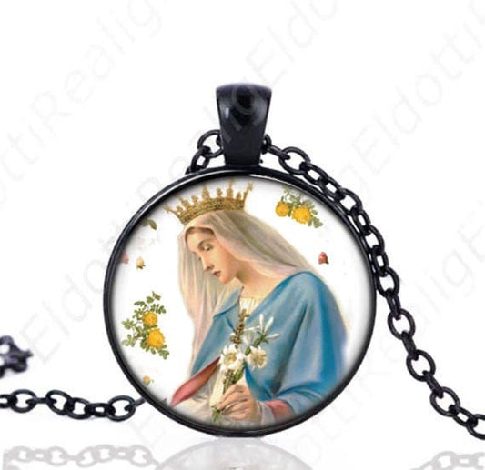 Our Lady Virgin Mary w Flowers Crown Black Necklace Catholic Medal Pendant Chain