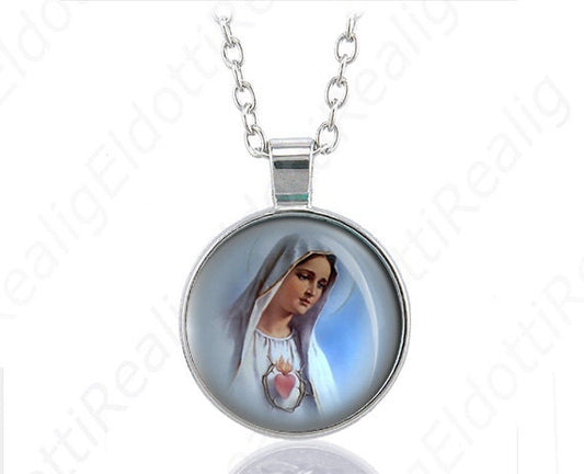 Our Lady of Fatima Blue Color Necklace Round Mary Heart and Thorn Medal Silver Tone Pendant 1 Inch Jewelry Chain Necklace