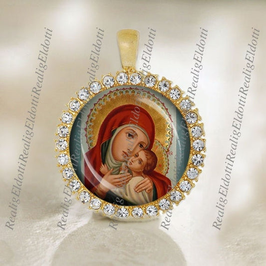 The Most Holy Theotokos of Korsun Virgin Mary Medal Icon Christian Orthodox Gold Tone Pendant