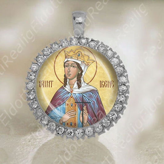 St Irene Great Martyr of Thessalonica Medal Orthodox Saint Silver Tone Jewelry