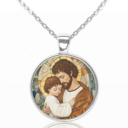 St Joseph and Baby Jesus Necklace Medal Religious Pendant Bronze Silver