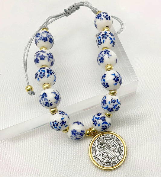 Saint Benedict Pendant Charm Bracelet - Porcelain Beaded Catholic Bracelet, Blue and White Floral Design, Adjustable Cord 18K Gold Plated