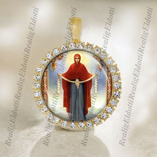 Theotokos Virgin Mary The Holy Protection Religious Christian Gold Medal Cabochon