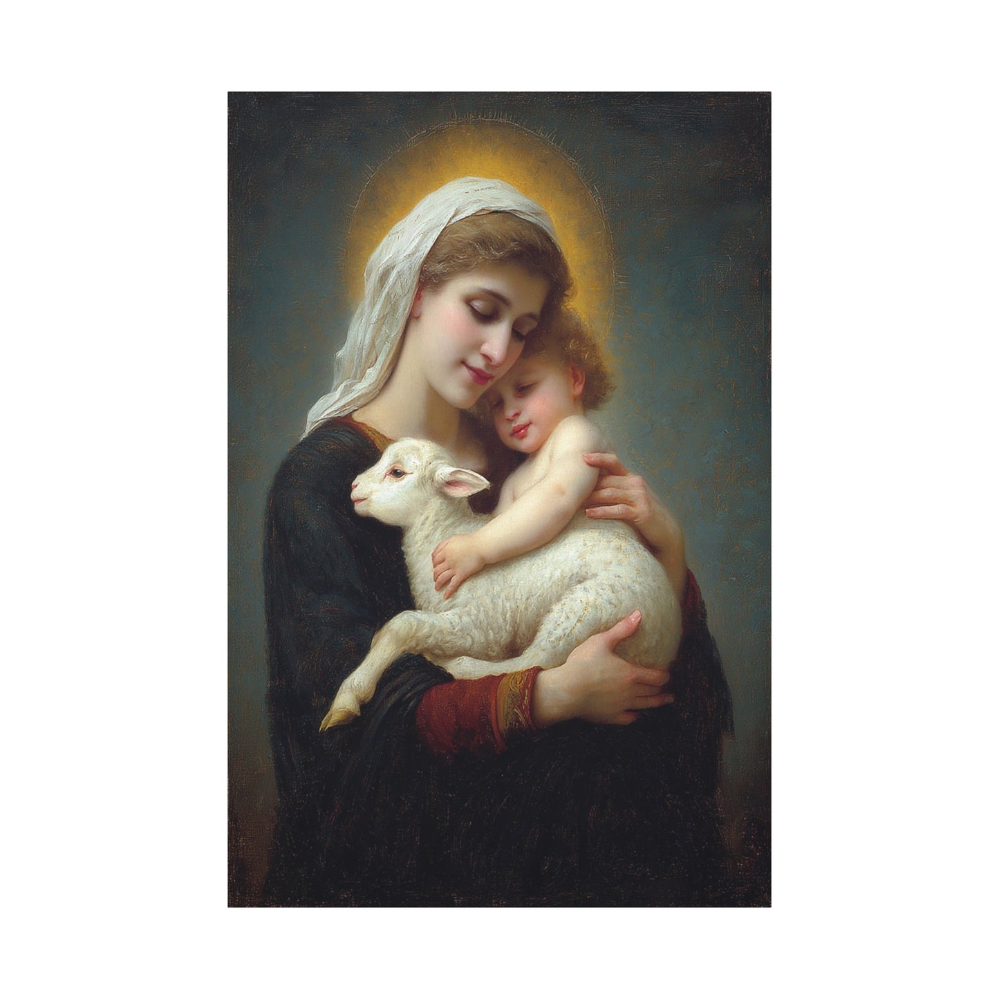 Mother Mary with Baby Jesus and Lamb Catholic Canvas Wall Art, Christian Decor