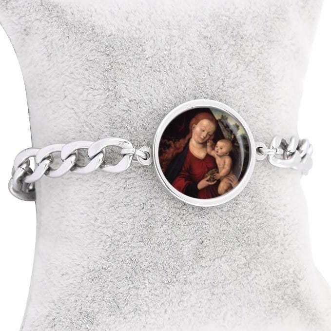 Our Lady Grapes Curb Bracelet Gold or Silver tone Religious Jewelry Simple Chain