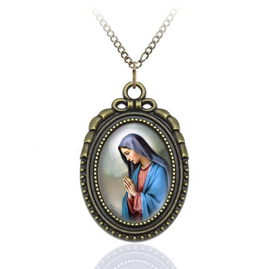Our Lady of Sorrows - Religious Necklace Virgin Mary  Catholic Medal Pendant Bronze Oval Jewelry