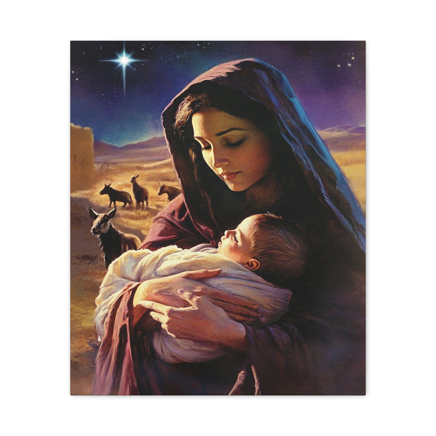 Mother Mary and Newborn Jesus Nativity Star Catholic Canvas Wall Art, Christian Decor