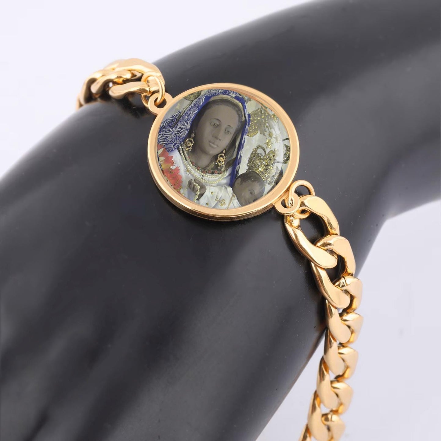 Our Lady Piat Curb Bracelet Gold or Silver tone Religious Jewelry Simple Chain