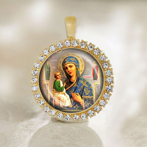 Baby Jesus Virgin Mary with Her Parents Joachim and Anna Pendant. Our Lady Orthodox Icon Medal.