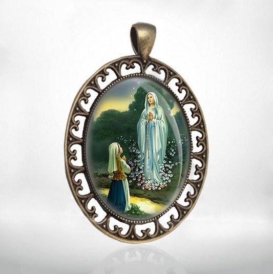 Our Lady of Lourdes Virgin Mary Christian Catholic Medal Pendant Bronze Oval Religious Jewelry