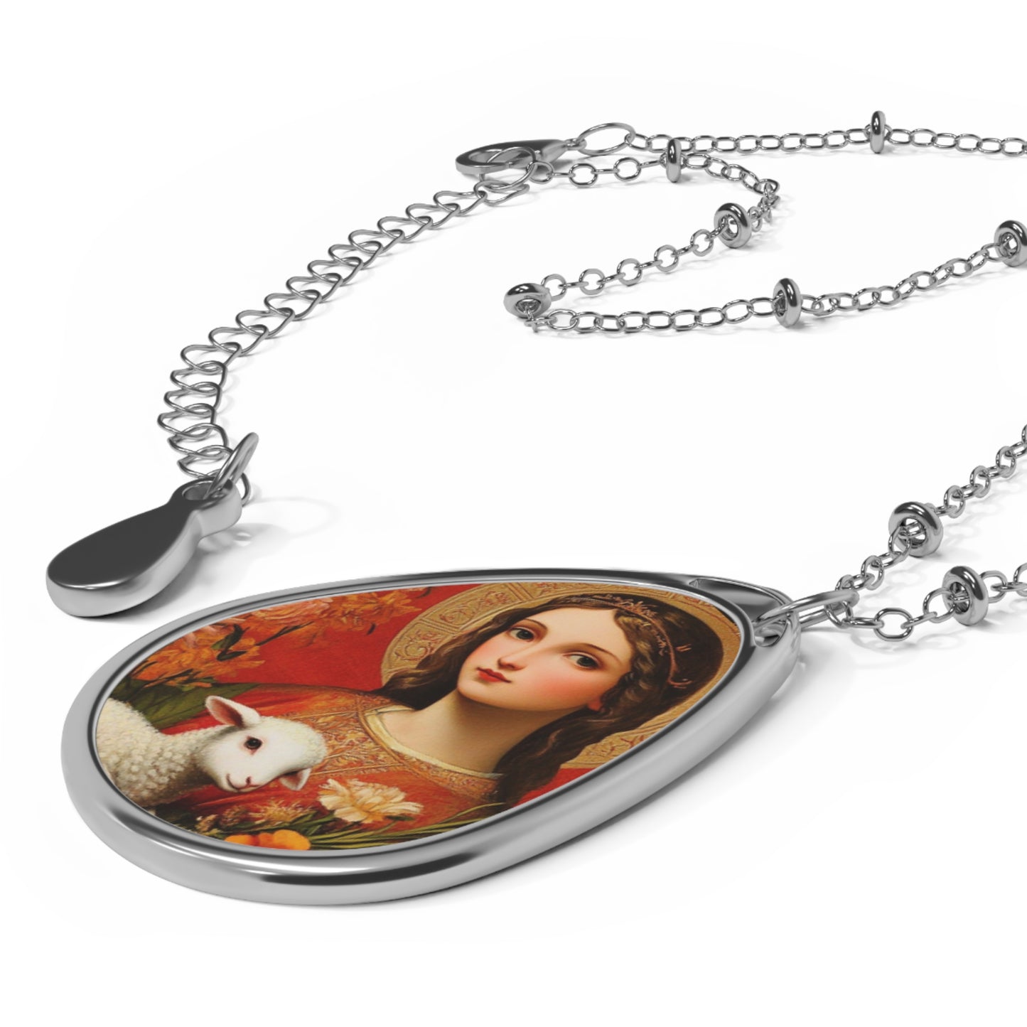 St Agnes Necklace Drop Oval Pendant Silver Tone Medal