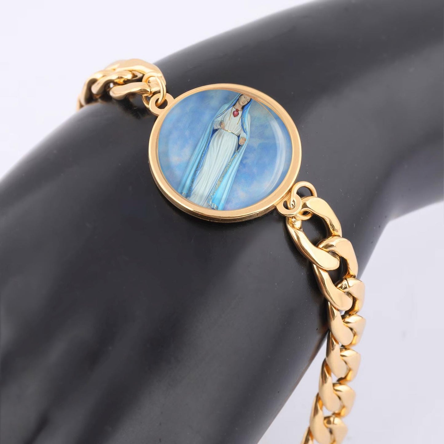 Our Lady Blue Mary Curb Bracelet Gold or Silver tone Religious Jewelry Simple Chain