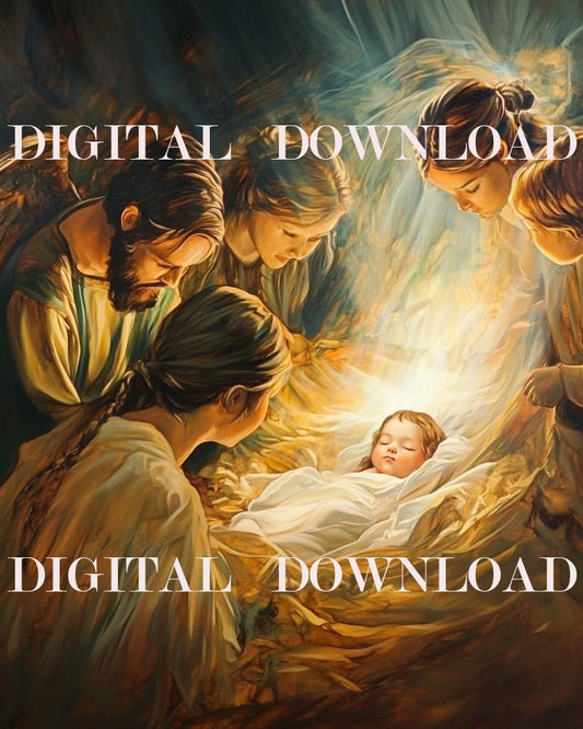 Nativity Baby Jesus with Angels Nativity Print Religious Art Digital Image image 0