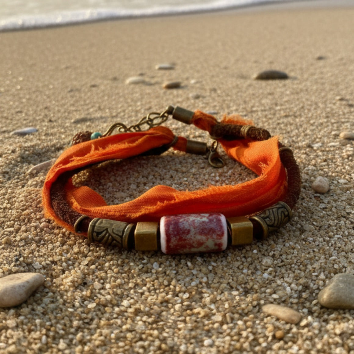 Desert Spirit Orange Silk Wrap Bracelet with Ceramic and Bronze Accents