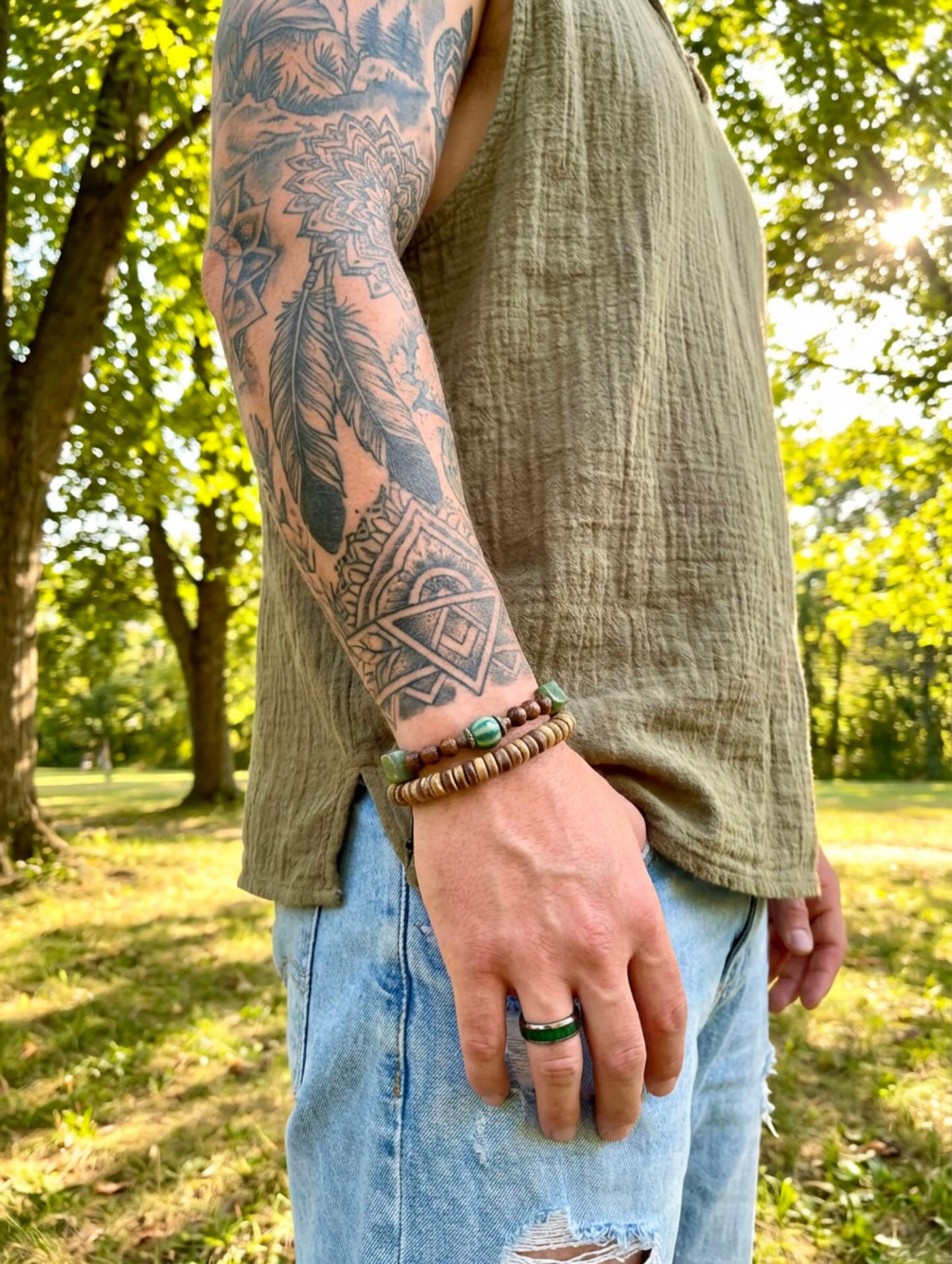 Forest Spirit Natural Boho Bracelet Set with Nephrite Wood and Ceramic Beads