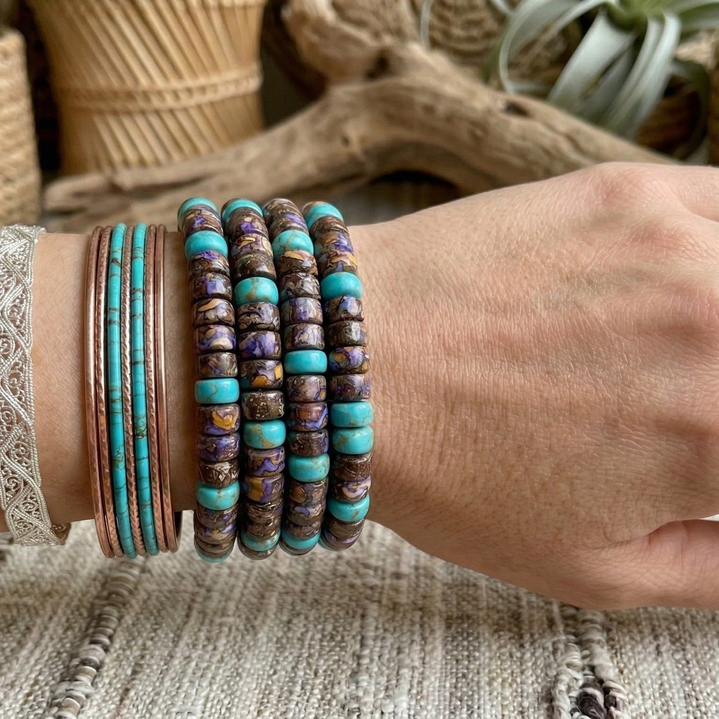 Bronze Purple Sea Jasper and Turquoise Bohemian Style Natural Stone Bracelet