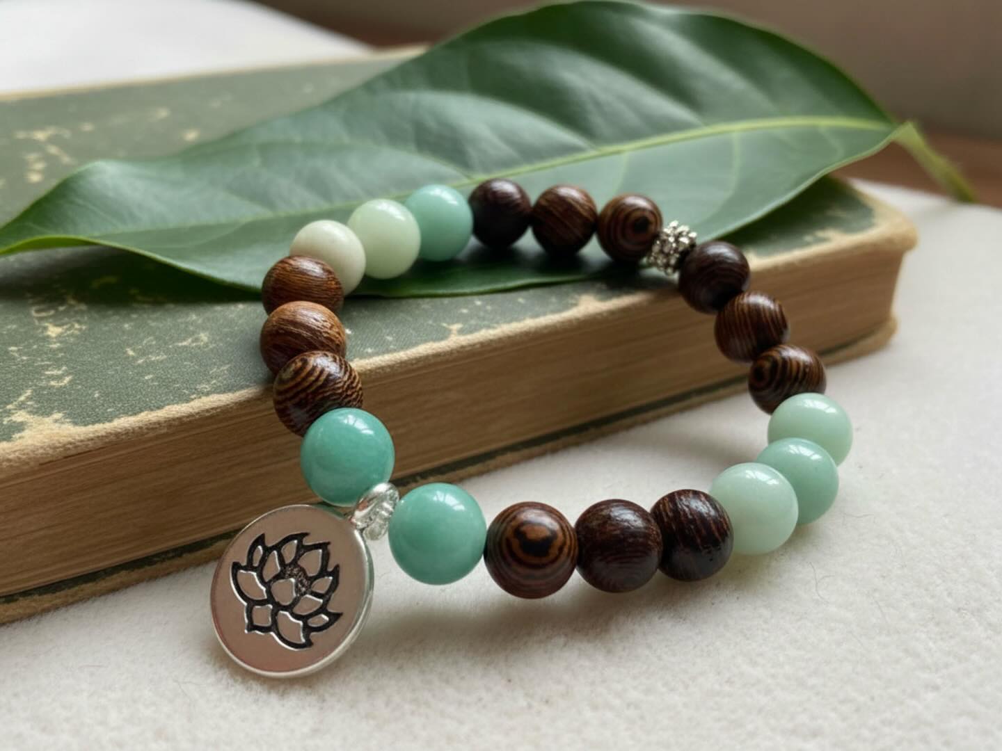 Lotus Aquamarine and Natural Wood Bracelet for Inner Peace and Renewal