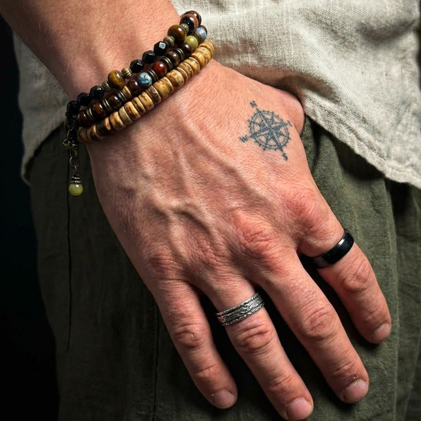Natural Earth Bracelet Set with Sandstone Agate Tiger Eye and Wood Beads