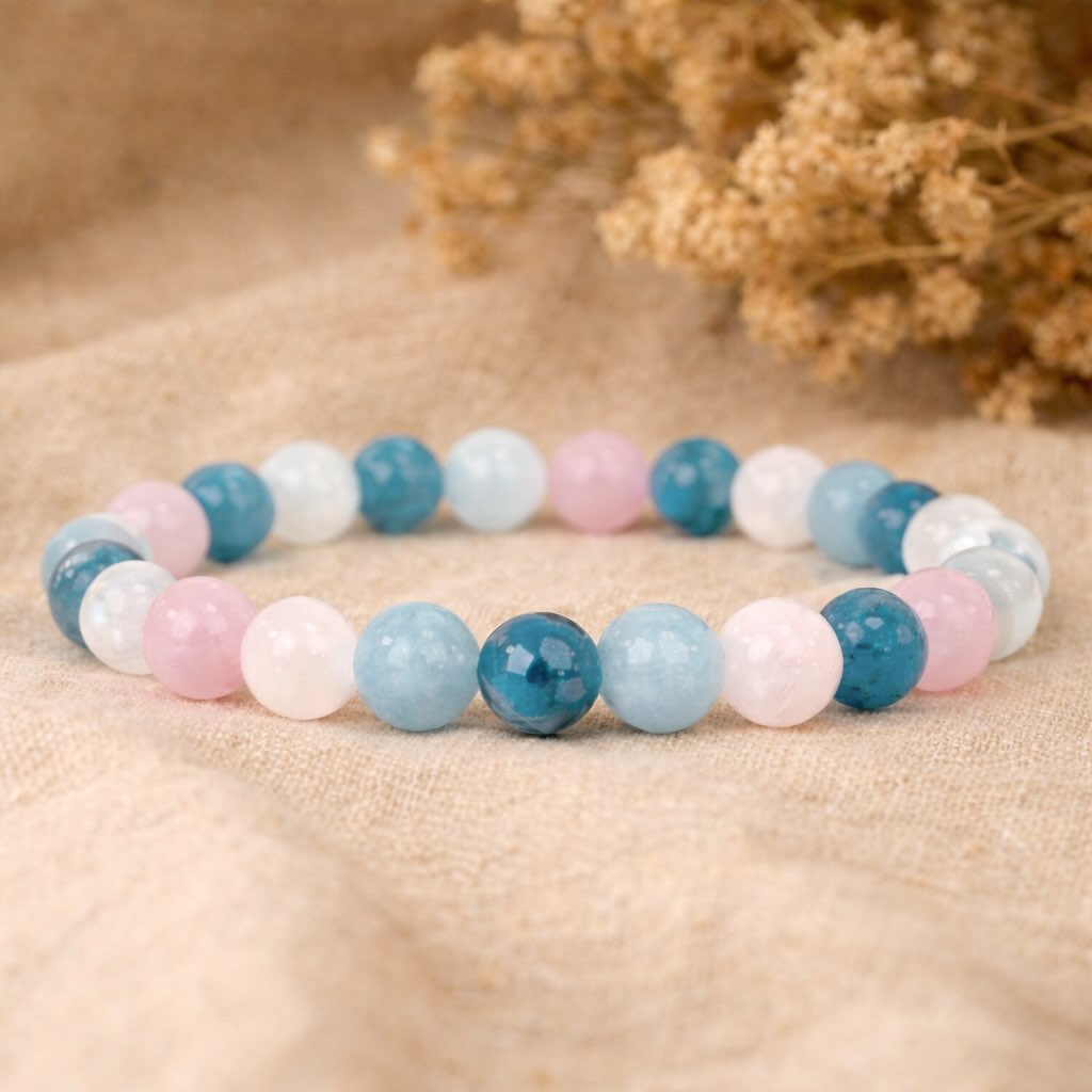 Serenity Stack: Aquamarine, Rose Quartz, and Blue Jade Harmony