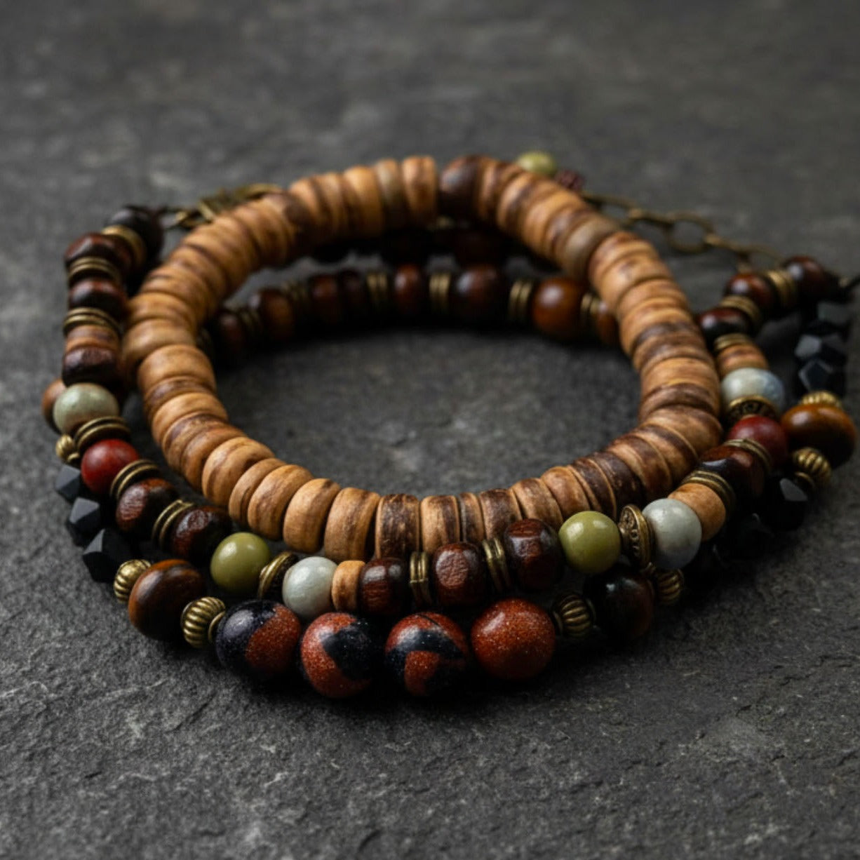 Natural Earth Bracelet Set with Sandstone Agate Tiger Eye and Wood Beads