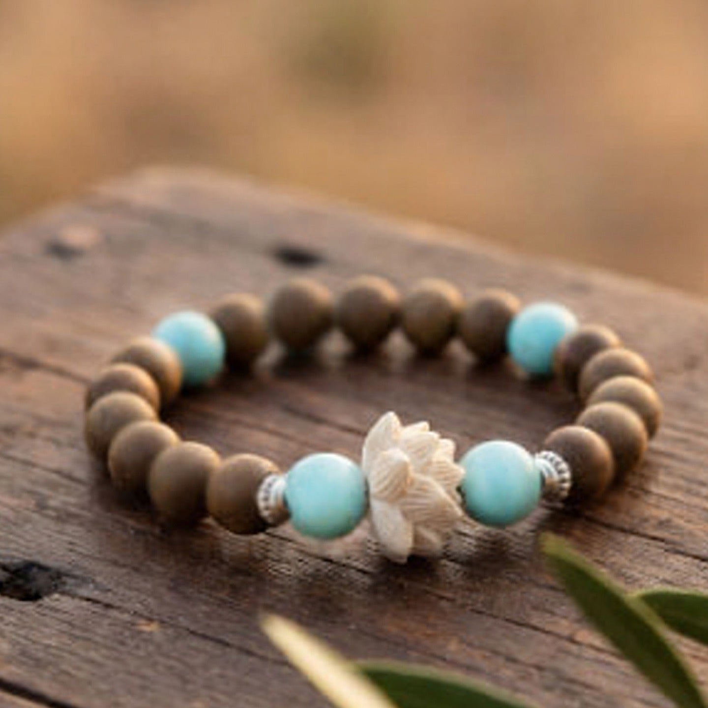 Amazonite and Natural Wood Ethnic Style Bracelet for Balance and Calm