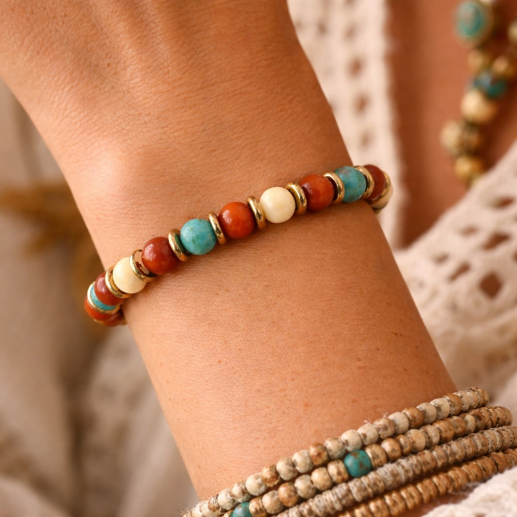 Tribal Spirit: Red Coral Jade, Turquoise, and Ivory Boho Bracelet