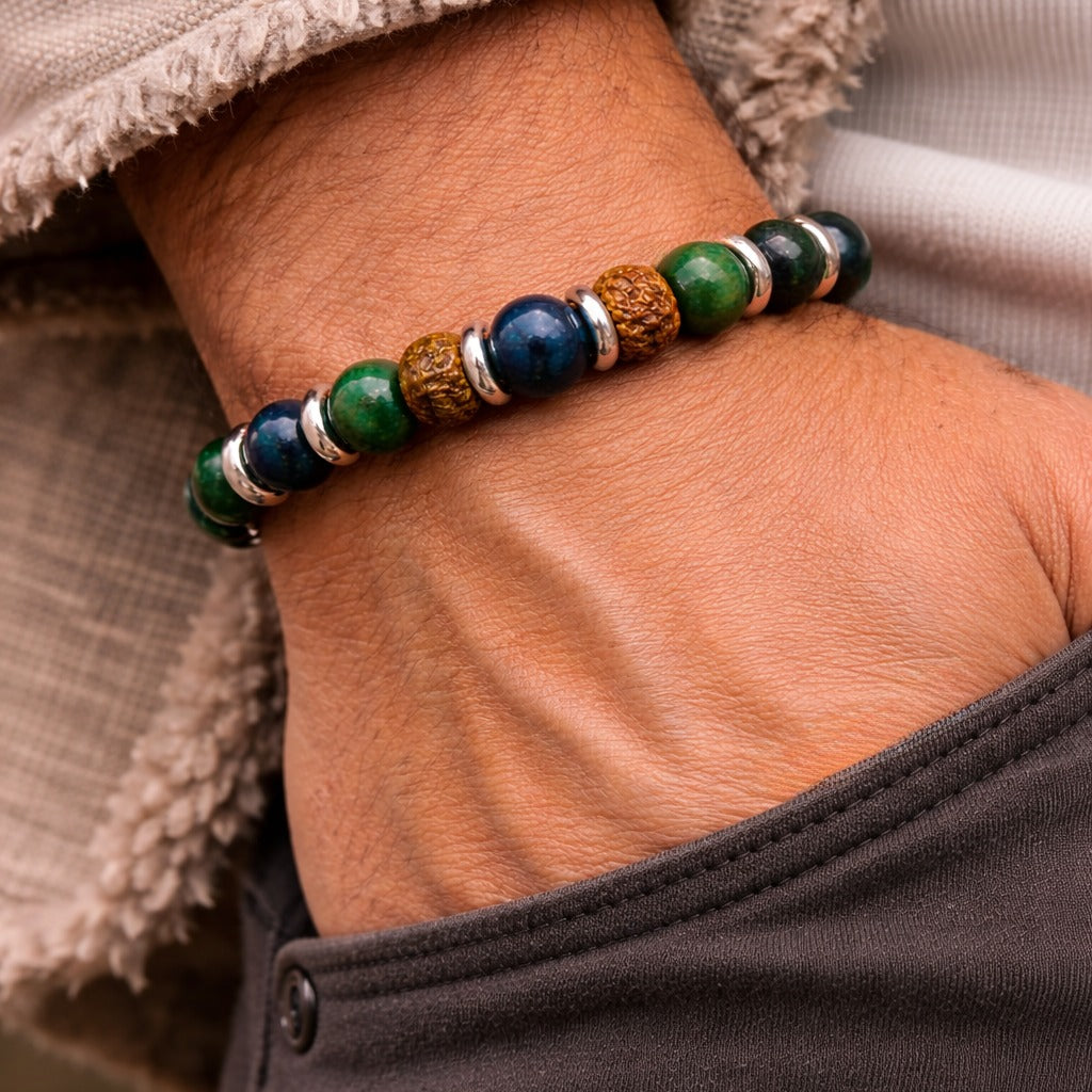 Forest Spirit Bracelet with Blue Tiger Eye Green Jade and Rudraksha