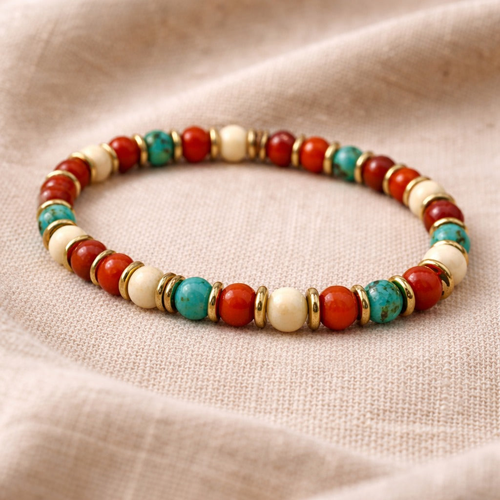 Tribal Spirit: Red Coral Jade, Turquoise, and Ivory Boho Bracelet