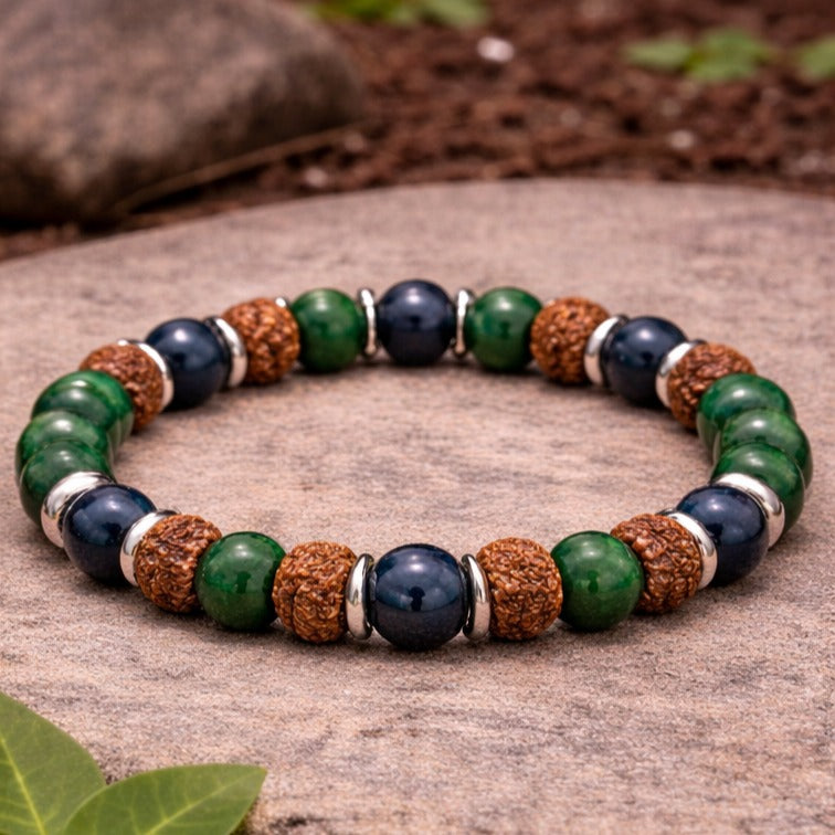 Forest Spirit Bracelet with Blue Tiger Eye Green Jade and Rudraksha