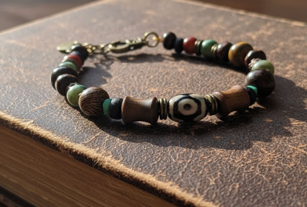 Natural Boho Dzi Agate Wood and Nephrite Jade Bracelet for Spiritual Connection