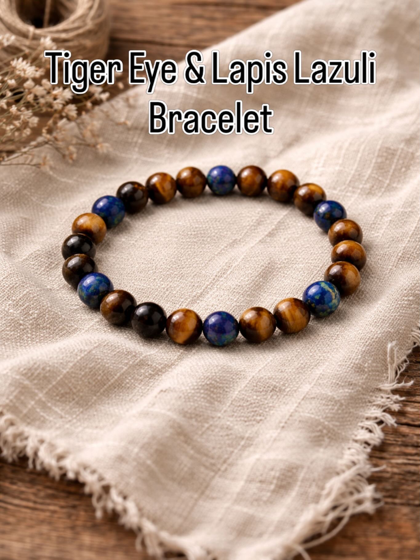 Inner Strength and Wisdom Tiger Eye and Lapis Lazuli Natural Stone Bracelet